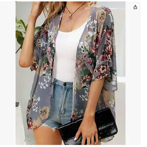Women's Floral Print Puff Sleeve Kimono Cardigan Loose Cover Up Casual Blouse To